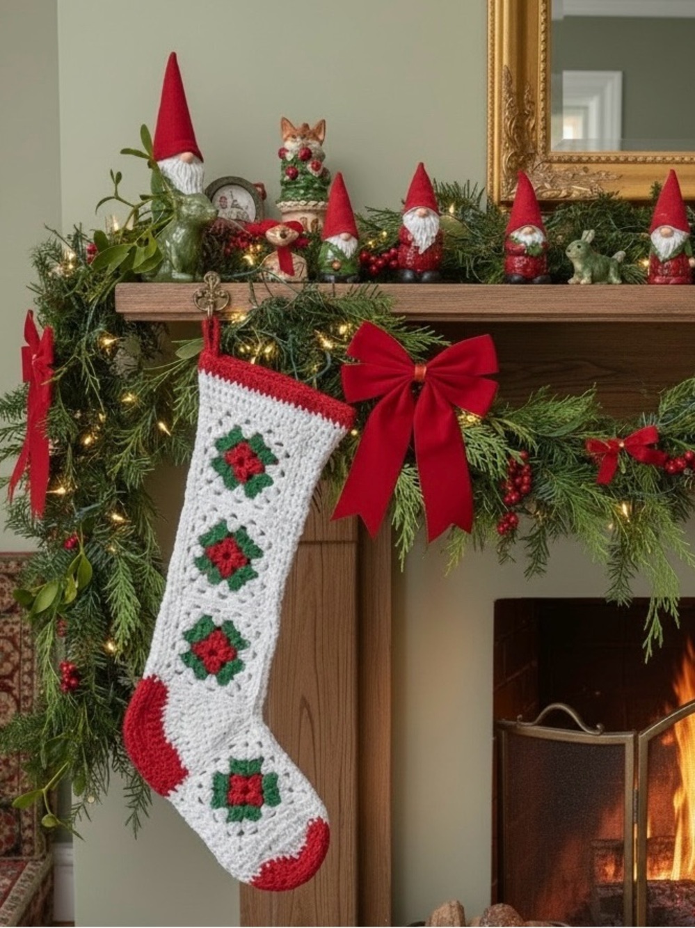 Vtg Handmade Christmas Stocking Crochet Granny Squares Red Green Cottagecore